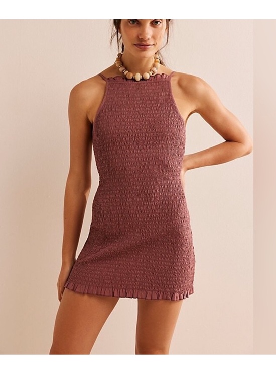 Free People Dresses & Skirts - Free People Iyla Smocked Halter Mini Dress in Mauve Rose
